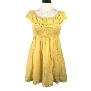 Avec Mustard Yellow Smocked Pom Boho Peasant Tunic Top Women Sz S